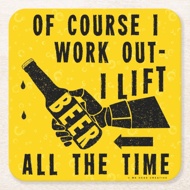 Funny Beer Work Out Humor Golden Lager Bubbles Square Paper Coaster (Front)