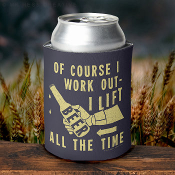 Funny Beer Work Out Humor On Blue Can Cooler by LaborAndLeisure at Zazzle