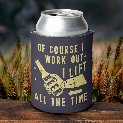 Funny Beer Work Out Humor on Blue Can Cooler