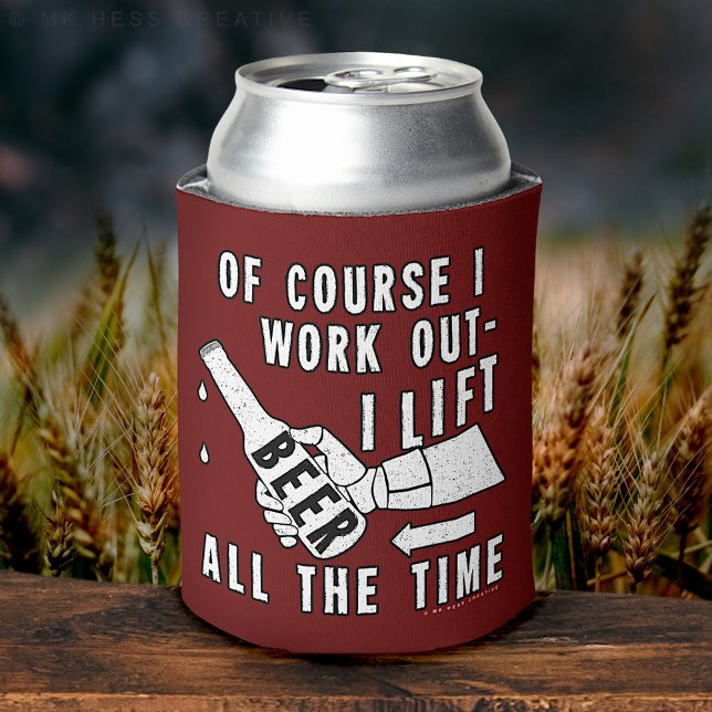 Funny Beer Work Out Humor on Red Can Cooler (Creator Uploaded)