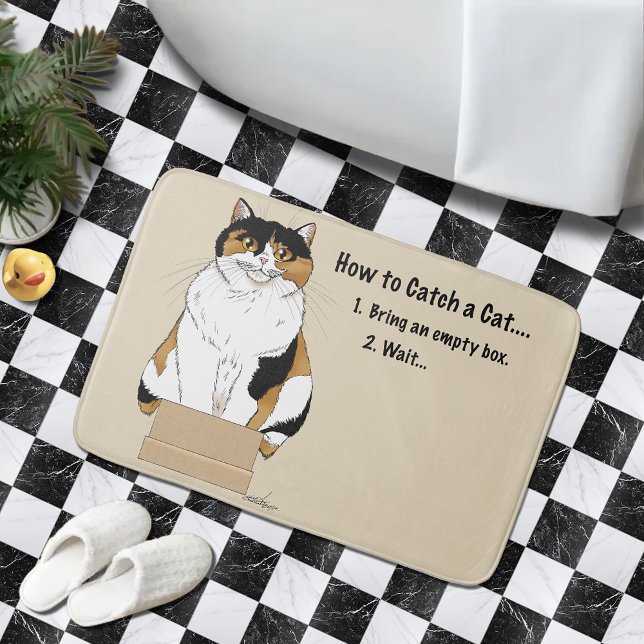 Funny Beige Calico Cat Box Humor Caught Bath Mat (Creator Uploaded)