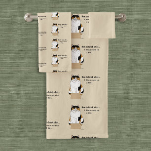 Funny Beige Calico Cat Box Humor Caught Bath Towel Set