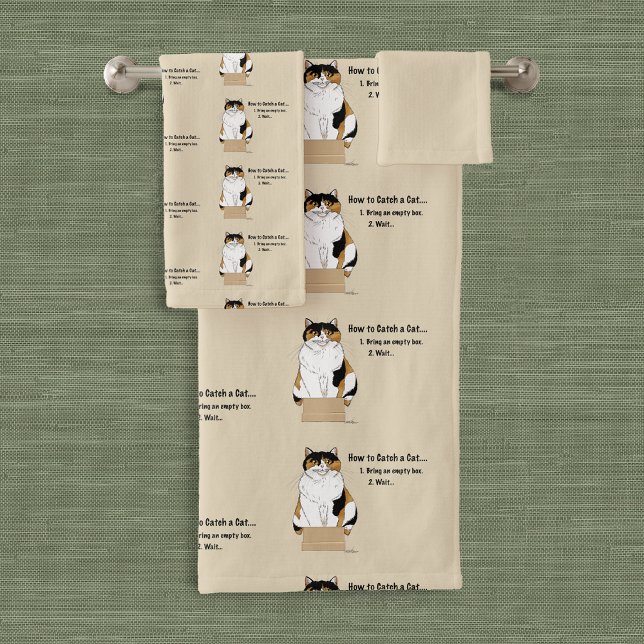 Funny Beige Calico Cat Box Humor Caught Bath Towel Set (Creator Uploaded)