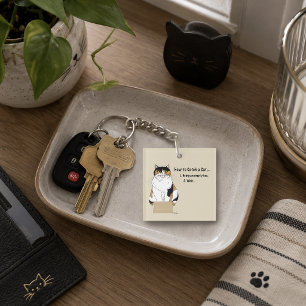 Funny Beige Calico Cat Box Humor Caught Keychain