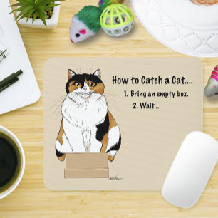 Funny Beige Calico Cat Box Humor Caught Mouse Pad