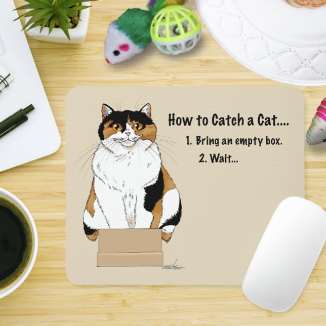 Funny Beige Calico Cat Box Humor Caught Mouse Pad (Creator Uploaded)