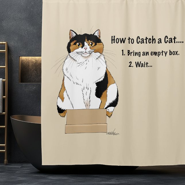 Funny Beige Calico Cat Box Humor Caught Shower Curtain (Creator Uploaded)