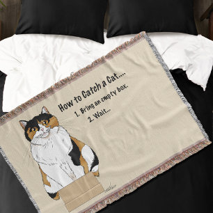 Funny Beige Calico Cat Box Humor Caught Throw Blanket