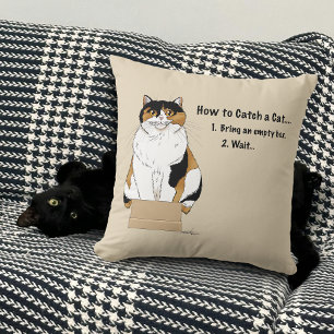 Funny Beige Calico Cat Box Humor Caught Throw Pillow