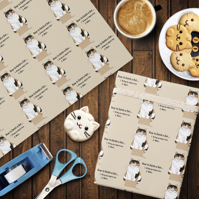 Funny Beige Calico Cat Box Humor Caught Wrapping Paper (Creator Uploaded)