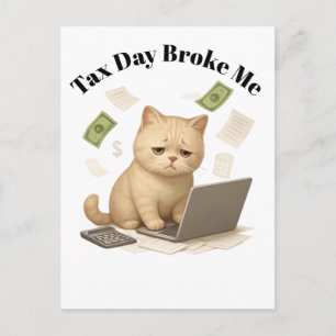 Funny Beige Minimal Stressed Cat Tax Day Postcard