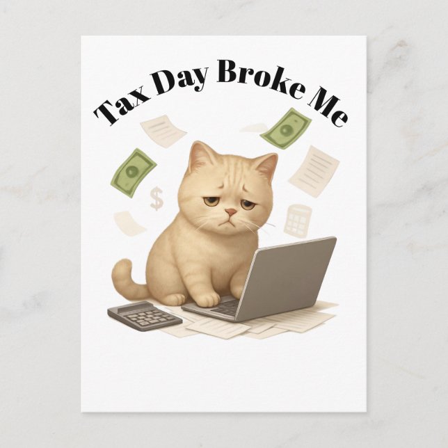 Funny Beige Minimal Stressed Cat Tax Day Postcard (Front)