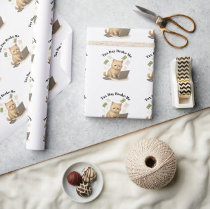 Funny Beige Minimal Stressed Cat Tax Day Wrapping Paper