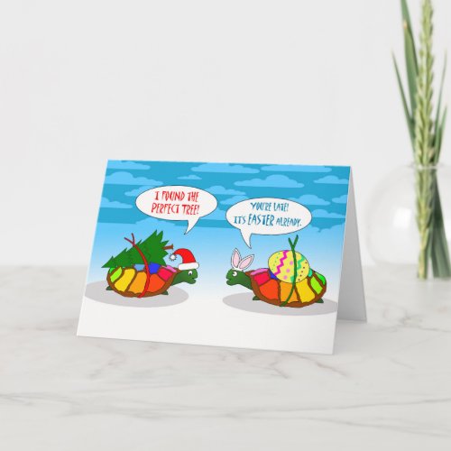 Funny Belated Christmas Slow Turtle with Tree Holiday Card