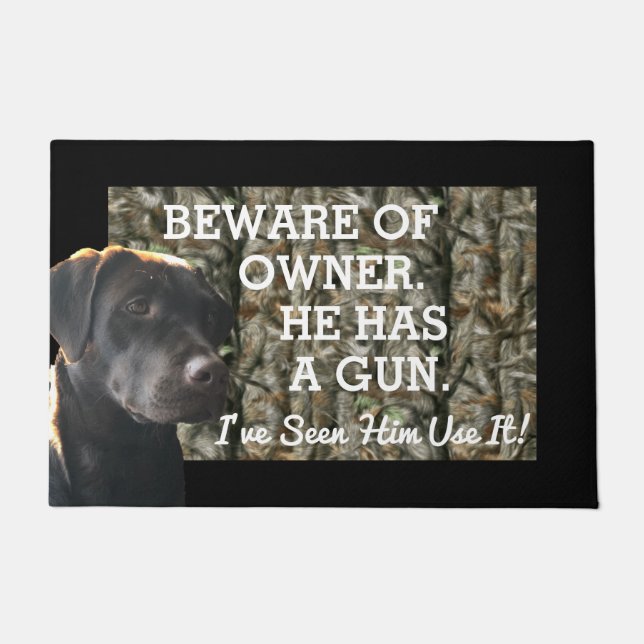 Funny Beware of Owner Lab Dog Welcome Mat (Front)