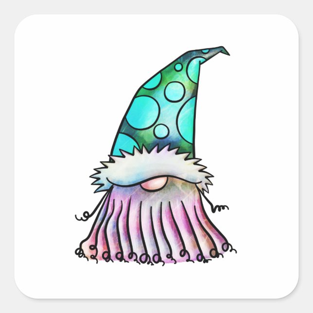 Funny Big Beard Watercolor Garden Gnome Square Sticker (Front)