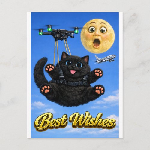 Funny Big Black Cat Drone Flight Best Wishes Postcard