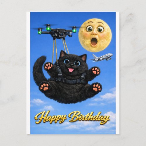 Funny Big Black Cat Drone Flight Happy Birthday Postcard
