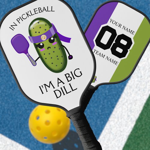 Funny Big Dill Team Name Number Purple White Green Pickleball Paddle