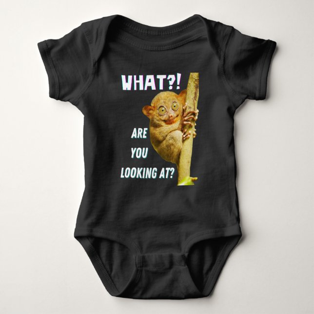 Funny Big Eyed Tarsier What Are You Looking At Baby Bodysuit (Front)