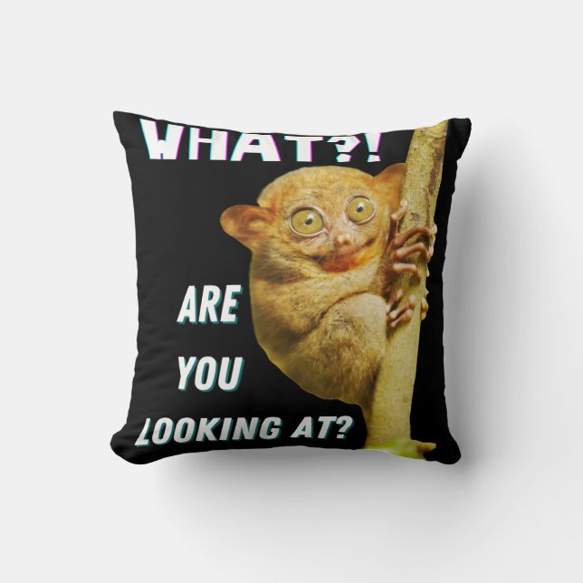 Funny Big Eyed Tarsier What Are You Looking At Throw Pillow (Front)