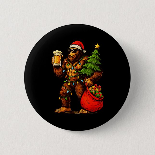 Funny Big Foot Santa Hat Drink Christmas Tree Xmas Button (Front)