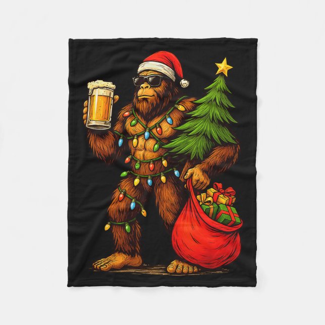 Funny Big Foot Santa Hat Drink Christmas Tree Xmas Fleece Blanket (Front)