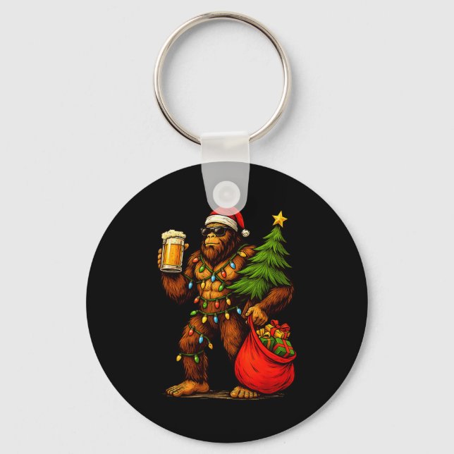 Funny Big Foot Santa Hat Drink Christmas Tree Xmas Keychain (Front)