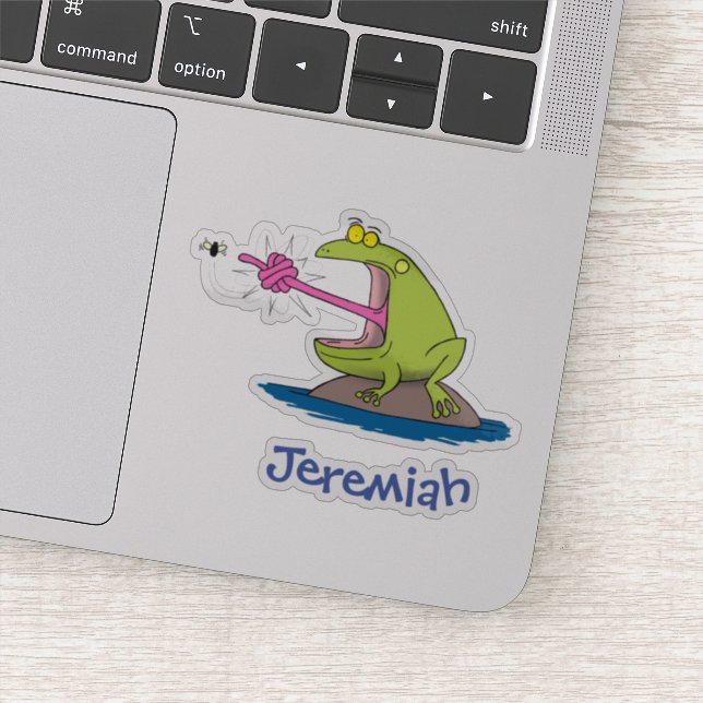 Funny big green frog with fly cartoon humor sticker (Detail)