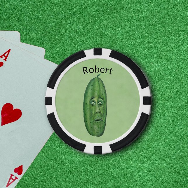 Funny Big Green Pickle With Stem Silly Face Poker Chips (Funny big green pickle with scared looking face on green poker chips.)