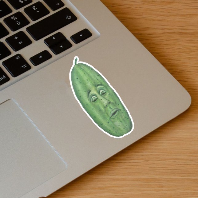 Funny Big Green Pickle with Surprised Face Sticker (Funny big green pickle with stem and surprised looking face on vinyl sticker.)