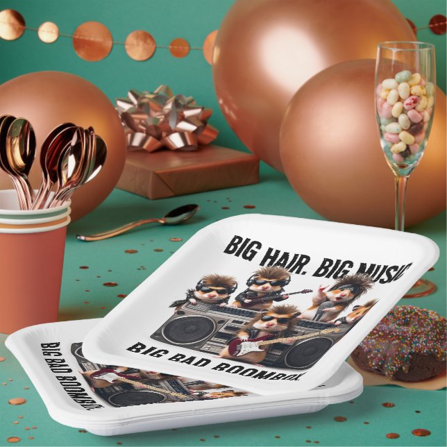 Funny Big Hair Music Boombox Hamster Supergroup Paper Plates (Multi)
