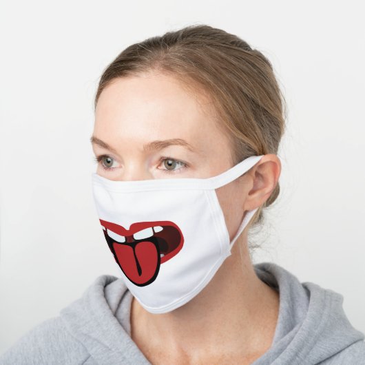 Funny Big Mouth Out Tongue Crooked Teeth White Cotton Face Mask (Angled)