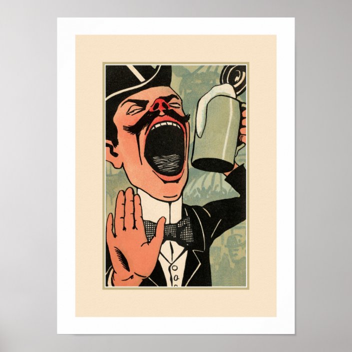 Funny big mouth vintage beer drinking cartoon poster