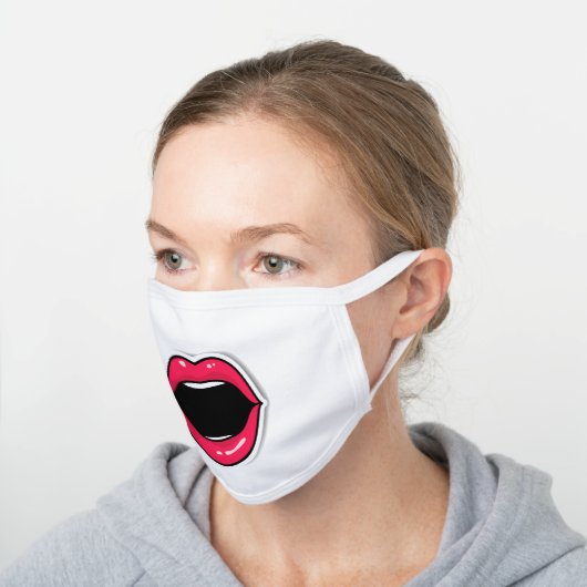 Funny Big Red Cartoon Lips Open Mouth White White Cotton Face Mask (Angled)
