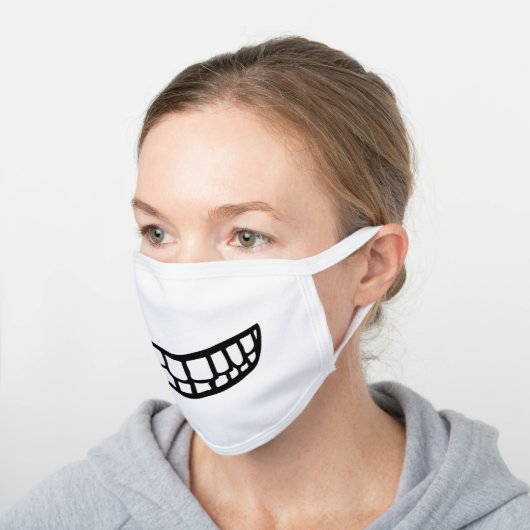 Funny Big Toothy Smile White Cotton Face Mask (Angled)