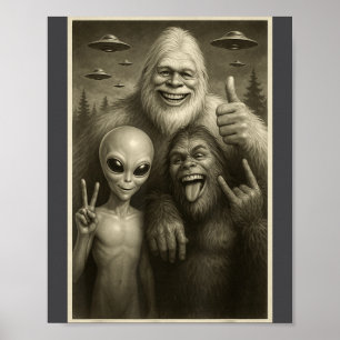 Funny Bigfoot, Alien, &amp; Yeti Sasquatch Rock On Poster