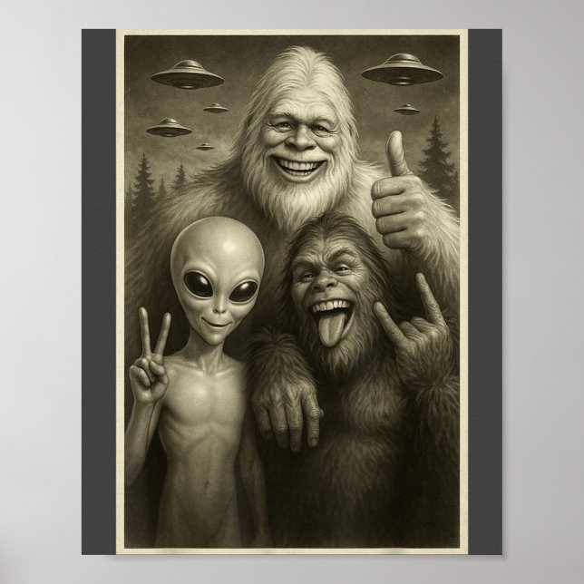 Funny Bigfoot, Alien, &amp; Yeti Sasquatch Rock On Poster (Front)