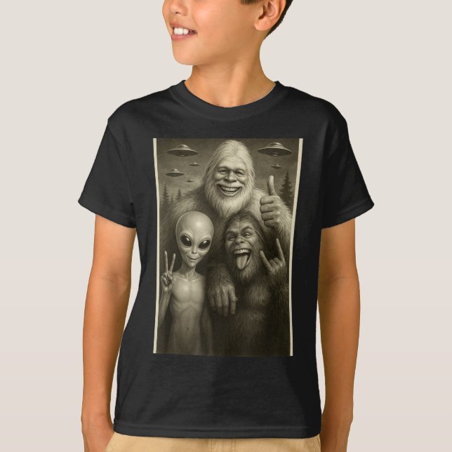 Funny Bigfoot, Alien, &amp; Yeti Sasquatch Rock On T-Shirt (Front)