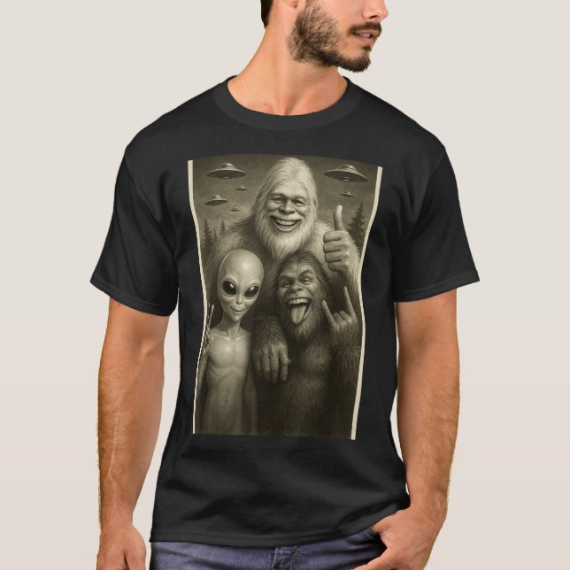 Funny Bigfoot, Alien, &amp; Yeti Sasquatch Rock On T-Shirt (Front)