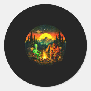 Funny bigfoot alien camping retro ufo campfire classic round sticker