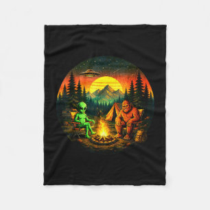 Funny bigfoot alien camping retro ufo campfire  fleece blanket