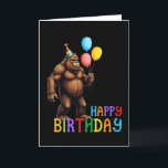 Funny BigFoot Birthday Card with Balloons<br><div class="desc">Celebrate birthdays with a touch of humor! This card features a cheerful bigfoot wearing a party hat and holding colorful balloons on a sleek black background. Perfect for friends,  family,  or anyone who loves a unique and quirky birthday greeting.</div>