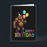 Funny BigFoot Birthday Card with Balloons<br><div class="desc">Celebrate birthdays with a touch of humor! This card features a cheerful bigfoot wearing a party hat and holding colorful balloons on a sleek black background. Perfect for friends,  family,  or anyone who loves a unique and quirky birthday greeting.</div>