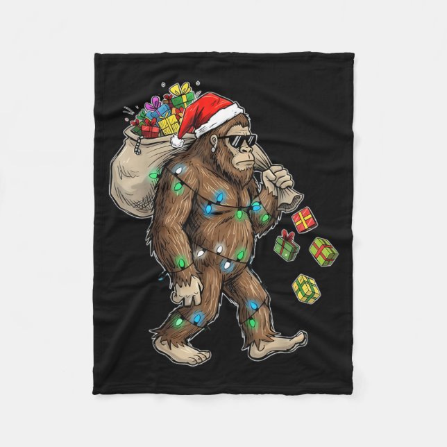Funny Bigfoot Christmas Tree Lights Xmas Boys Mens Fleece Blanket (Front)