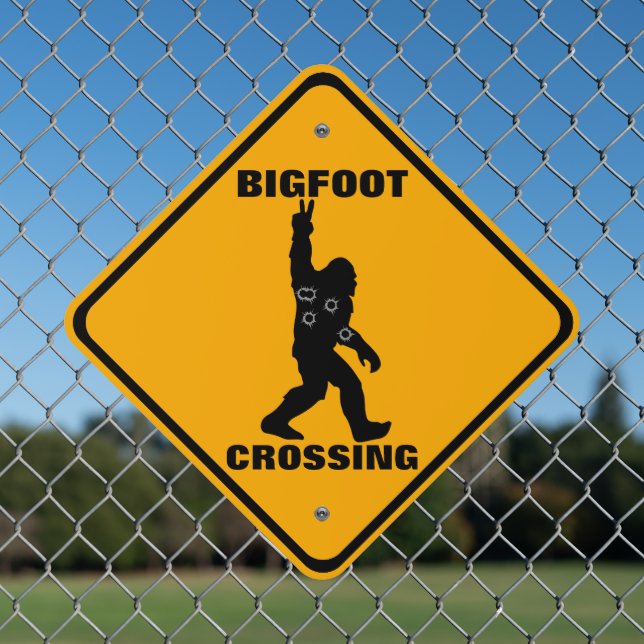 Funny Bigfoot Crossing Bullet Holes ManCave Metal Sign (In Situ(Fence))