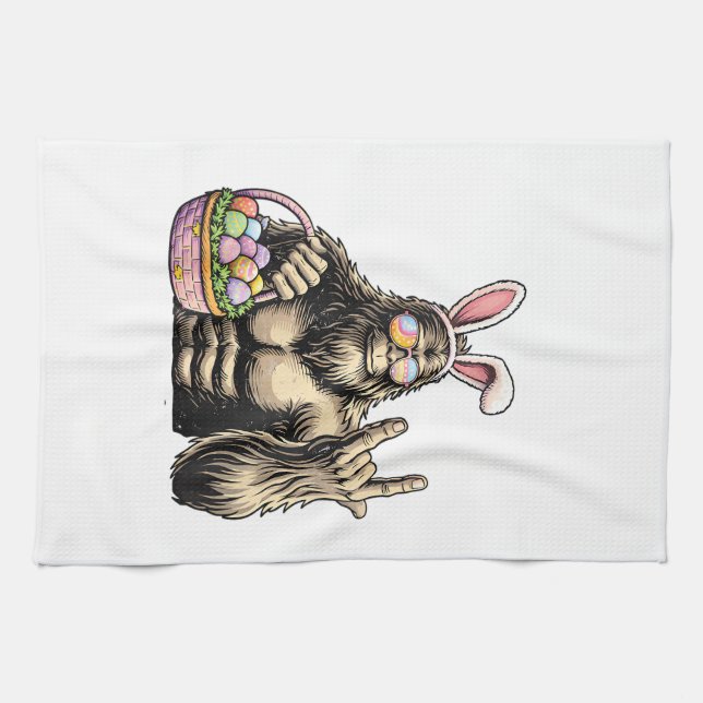 Funny Bigfoot Easter Egg Rock Sasquatch Easter Day Kitchen Towel (Horizontal)