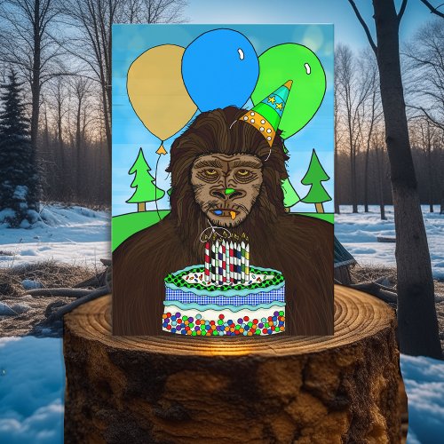 Funny Bigfoot eating Birthday Cake Card