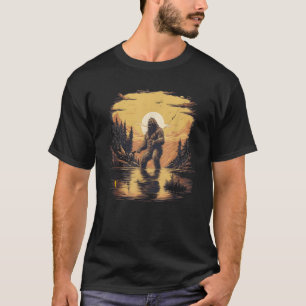 Funny Bigfoot Fly Fishing Sunset Fishing Dad Sasqu T-Shirt
