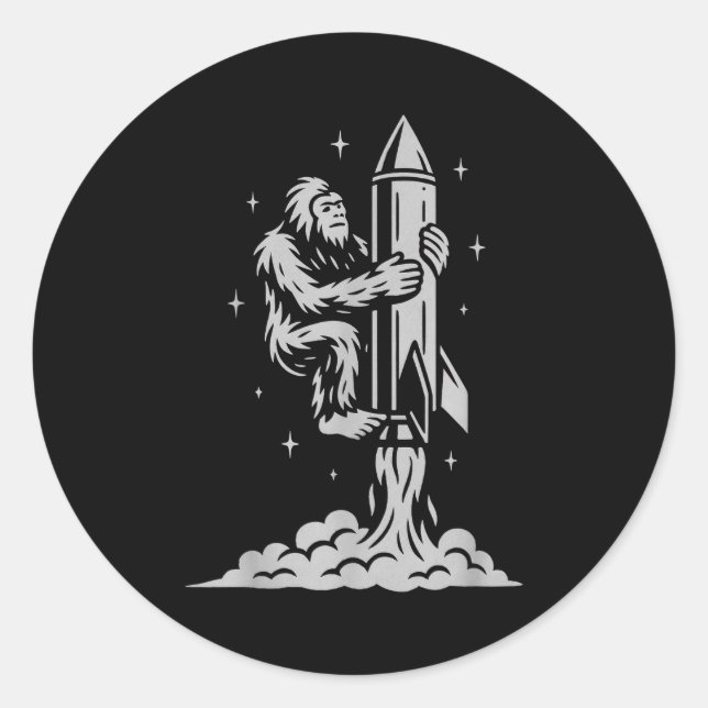 Funny Bigfoot Flying Into Space With Stars And Cos Classic Round Sticker (Front)